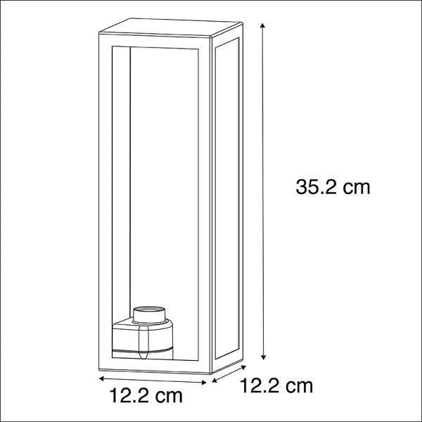 Maßskizze einer rechteckigen Außenleuchte mit einer Höhe von 35,2 Zentimeter und einer Breite sowie Tiefe von jeweils 12,2 Zentimeter.
