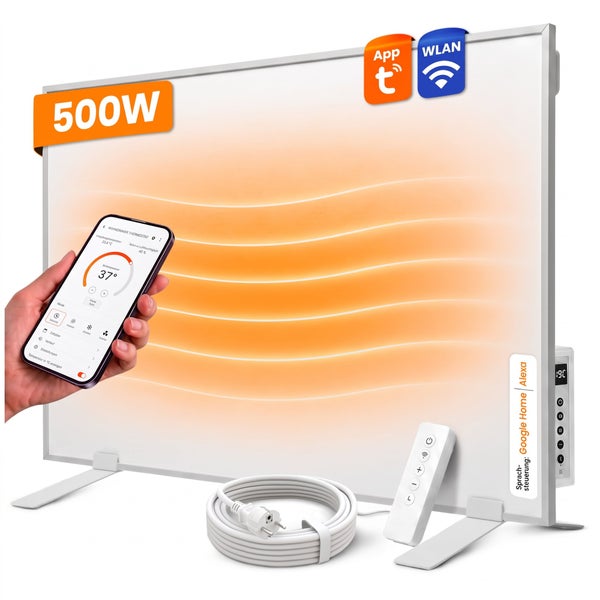 Infrarotheizung mit 500 Watt, steuerbar über WLAN, App, Fernbedienung und Sprachsteuerung, inklusive Netzkabel und Standfüßen.