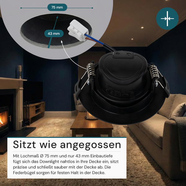 Schwarzer Einbaustrahler mit Installationsmaßen in Wohnzimmer