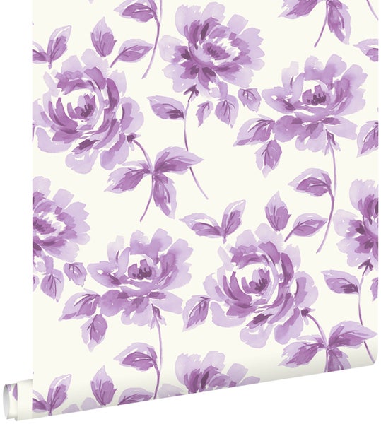 ESTAhome Tapete Aquarell gemalte Rosen Lila - 53 cm x 10.05 m - 128015