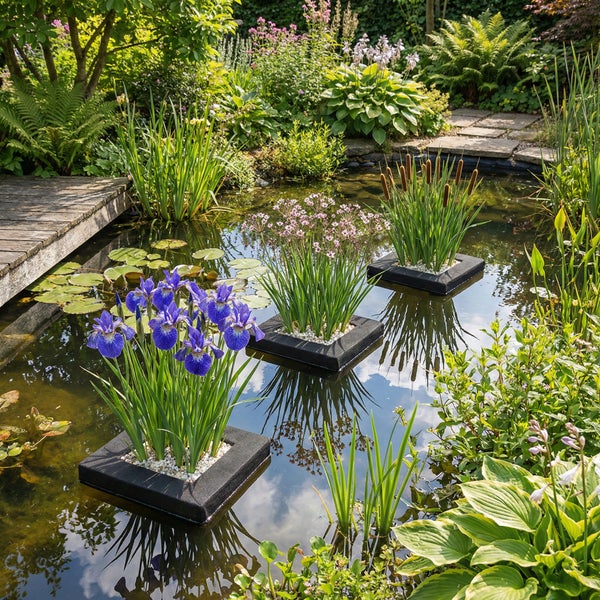 Gartenteich mit drei quadratischen schwimmenden Pflanzeninseln, bepflanzt mit Schwertlilien und anderen Wasserpflanzen, neben einem Holzsteg.