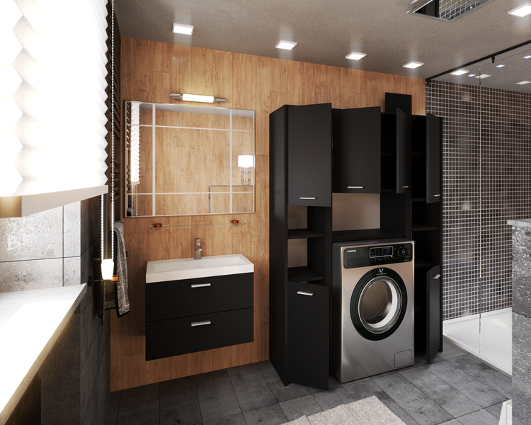 Modernes Badezimmer mit Waschtisch, Spiegelschrank und Waschmaschine