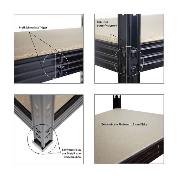 PROREGAL Mega Deal 5x Profi Schwerlastregal Rhino HxBxT 180 x 200 x 60 cm 4 Spanplatten-Ebenen 16mm Fachlast 500 kg Schwarz