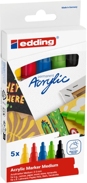 Set mit 5 edding Acrylmarkern Medium, Strichstärke 2 bis 3 Millimeter, wetterfest, für verschiedene Oberflächen wie Holz, Stein und Leinwand.