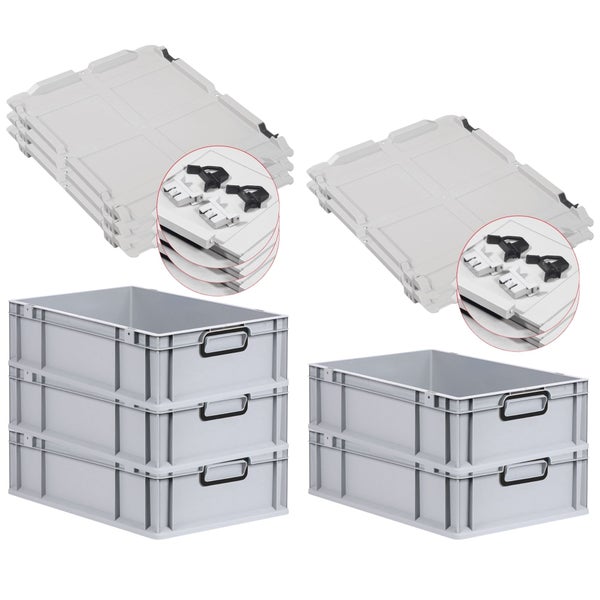 PROREGAL SuperSparSet 5x Eurobox NextGen Color mit Scharnierdeckel und Schiebeschnappverschlüssen, HxBxT 17x40x60cm, 34 Liter, Grau, Griffe schwarz geschlossen, Eurobehälter, Transportbox, Transportbehälter, Stapelbehälter