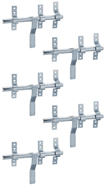 Set aus fünf verzinkten Bolzenriegeln mit Montageplatten zur sicheren Verriegelung von Türen und Toren.