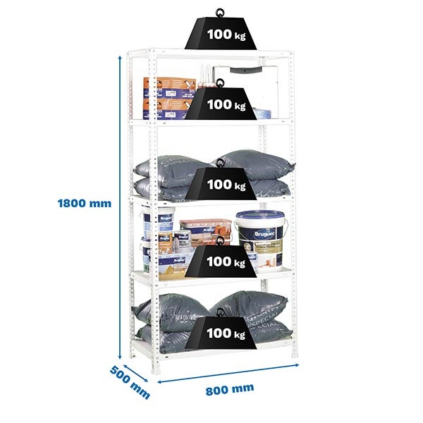 Metallregal mit 5 Fachböden, Höhe 1800 Millimeter, Breite 800 Millimeter, Tiefe 500 Millimeter, Traglast 100 Kilogramm pro Boden.
