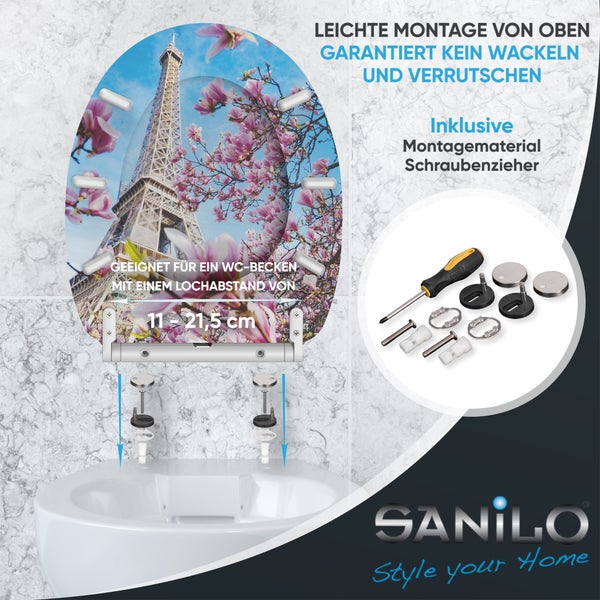 Sanilo WC Sitz mit Eiffelturm Motiv und Montagematerial inklusive Schraubendreher für einfache Montage von oben bei 11 bis 21,5 Zentimeter Lochabstand