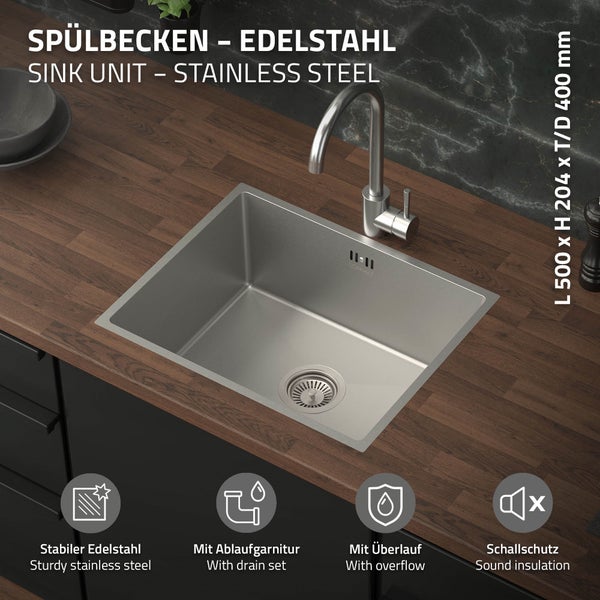 ML-Design Spülbecken Edelstahl 50 x 40 cm, Küchenspüle Rechteckig, 1 Becken, Einbauspüle Unterbauspüle, Edelstahlspüle mit Ab- und Überlaufgarnitur, Einzelbecken mit Siphon, Waschbecken Küche Spüle