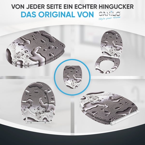 WC-Sitz mit Wassertropfen-Dekor in verschiedenen Ansichten, SANILO Logo.