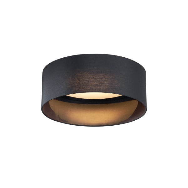 Runde Deckenleuchte mit schwarzem Stoffschirm und goldfarbener Innenseite.