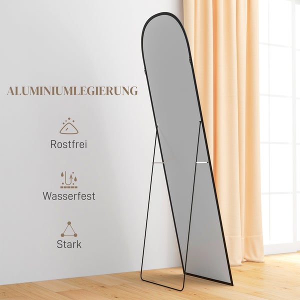 HOMCOM Ganzkörperspiegel, Wandspiegel mit Ständer, Aluminiumlegierungsrahmen, Standspiegel für Wohnzimmer, Schlafzimmer, 161,5 x 50 cm, Aluminium, Schwarz