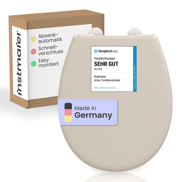 Instmaier Toilettendeckel Alma mit Absenkautomatik, Schnellverschluss und einfacher Montage, Vergleichssieger sehr gut, hergestellt in Deutschland.