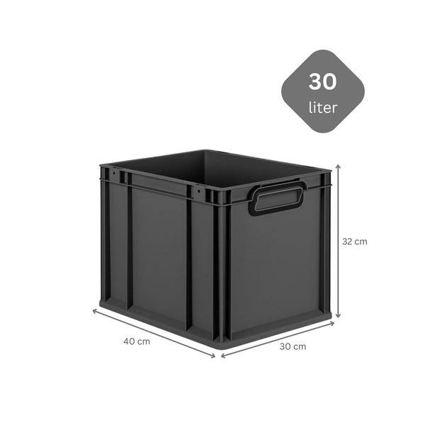 PROREGAL SparSet 5x Eurobox NextGen Color mit Auflagedeckel und Schiebeschnappverschlüsse, HxBxT 32x30x40cm, 30 Liter, Schwarz, Griffe schwarz geschlossen, Eurobehälter, Transportbox, Transportbehälter, Stapelbehälter