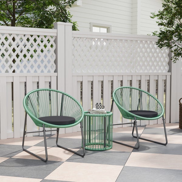 Outsunny Polyrattan Gartenmöbel Set, Outdoor Lounge Balkonmöbel für 2 Personen, 3-teilig Bistroset Sitzgruppe mit 2 Stühle, Beistelltisch, Kissen, wetterfest Gartenlounge für Garten, Balkon, Grün