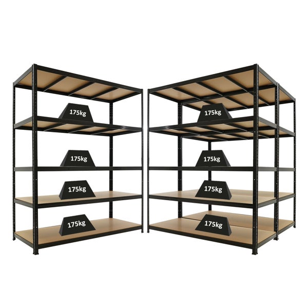 Zwei schwarze Schwerlastregale aus Metall mit 5 Holzböden, Tragkraft 175 Kilogramm pro Boden.