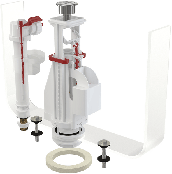 Toiletten-Spülgarnitur Set für Spülkästen mit Einlaufventil, Ablaufventil, Drücker und Montageset aus Kunststoff und Metall in Weiß und Rot.