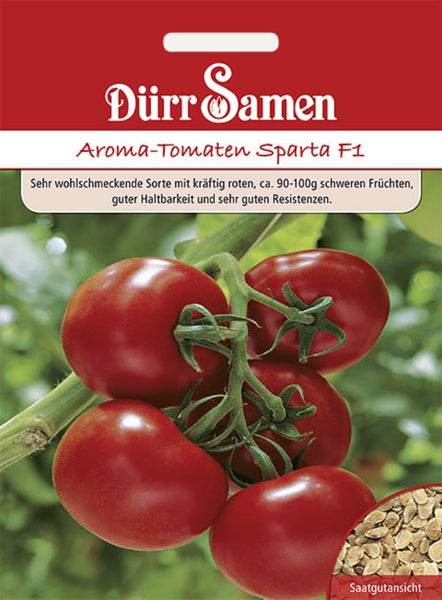 Dürr Samen Logo. Samentüte Zucchini Green Tiger F1 mit Abbildung von gestreiften Zucchini und einer Detailansicht der Samen.