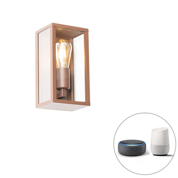 Rechteckige Außenwandleuchte mit Metallrahmen und Glaseinsätzen inklusive LED-Filament-Leuchtmittel. Kompatibel mit Smart-Home-Systemen.