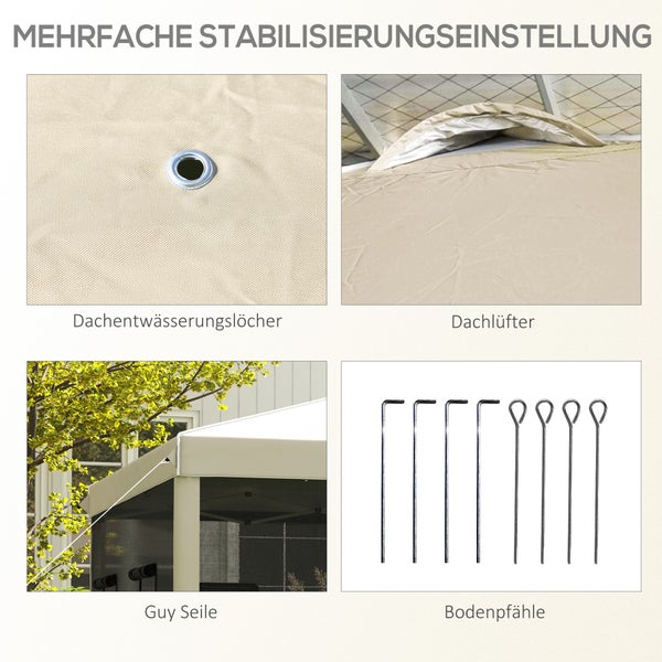 Outsunny Faltpavillon ca. 3 x 3 m, Pavillon mit 4 Netzvorhängen, Gartenpavillon mit UV-Schutz, Pop Up Pavillon mit Fenster, Tragetasche, für Garten, Pavillon, Beige