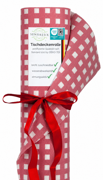 Sensalux Tischdeckenrolle mit rot-weißem Karomuster, leicht zuschneidbar, wasserabweisend, atmungsaktiv, Standard 100 von OEKO-TEX zertifiziert.