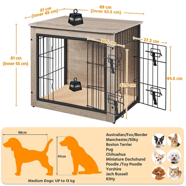 Hundehütte mit Metalltür und Größenangaben