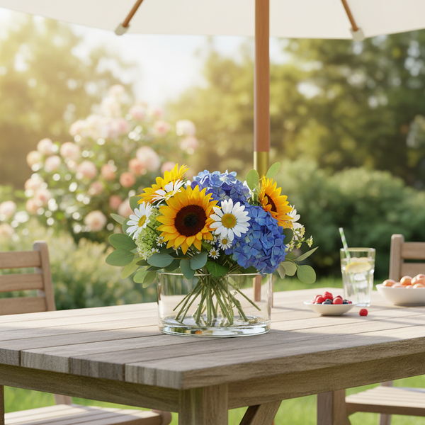 Blumenstrauß mit Sonnenblumen, Hortensien und Margeriten in einer Glasvase auf einem Gartentisch aus Holz unter einem Sonnenschirm.