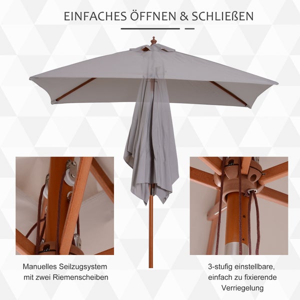 Sonnenschirm mit Holzgestell, manuellem Seilzugsystem mit zwei Riemenscheiben und dreistufig einstellbarer Verriegelung.