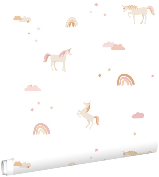 Tapete mit Einhorn-, Regenbogen-, Wolken- und Sternmotiv