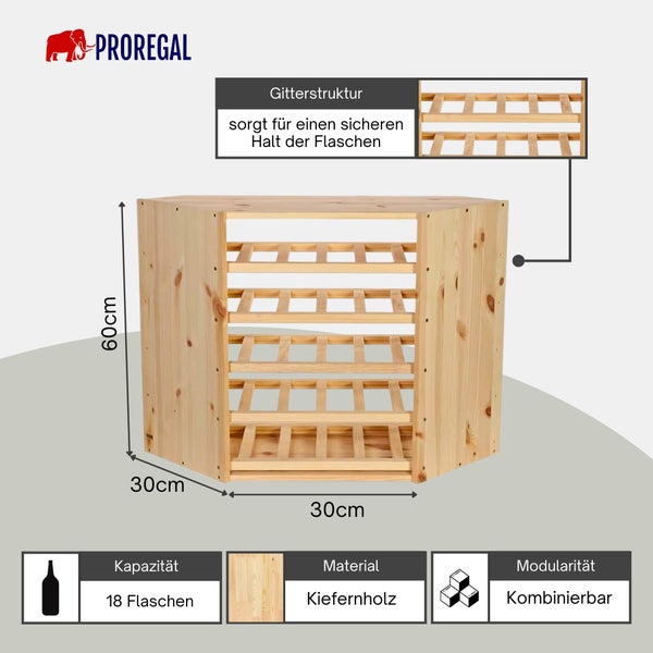 Eck-Weinregal aus Kiefernholz für 18 Flaschen, Maße 60 mal 30 mal 30 Zentimeter, mit Gitterstruktur, kombinierbar, Proregal Logo.