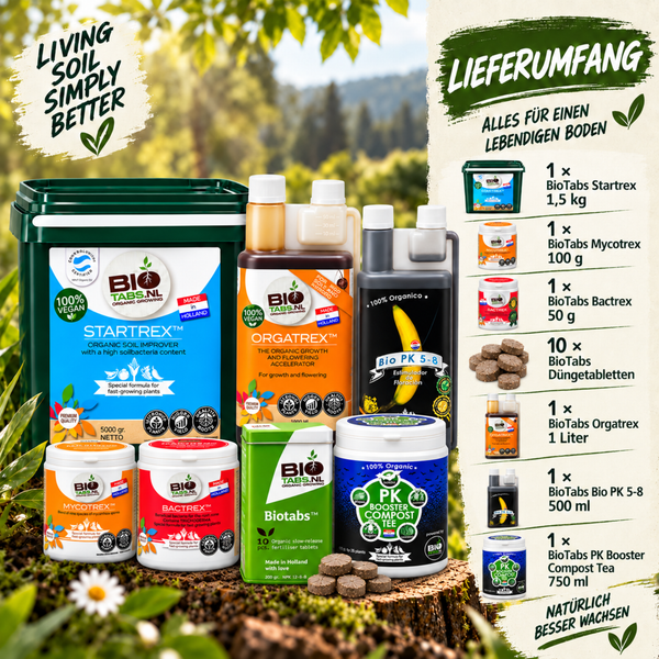 BioTabs Starter Set mit biologischem Dünger und Bodenverbesserern für Pflanzen und lebendigen Boden.
