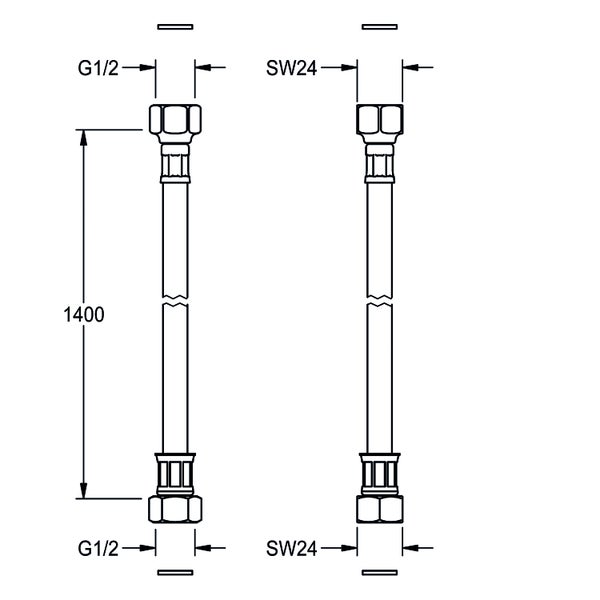 Maßzeichnung eines flexiblen Anschlussschlauchs, Länge 1400 Millimeter, beidseitig G 1/2 Zoll Gewinde, Schlüsselweite 24.