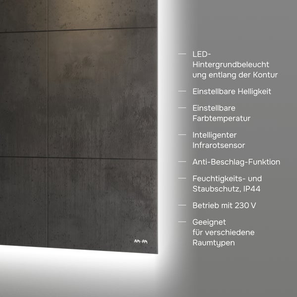 LED-Badspiegel mit Infrarotsensor, Antibeschlag-Funktion, einstellbarer Helligkeit und Farbtemperatur, Schutzart IP44 und AM PM Logo.