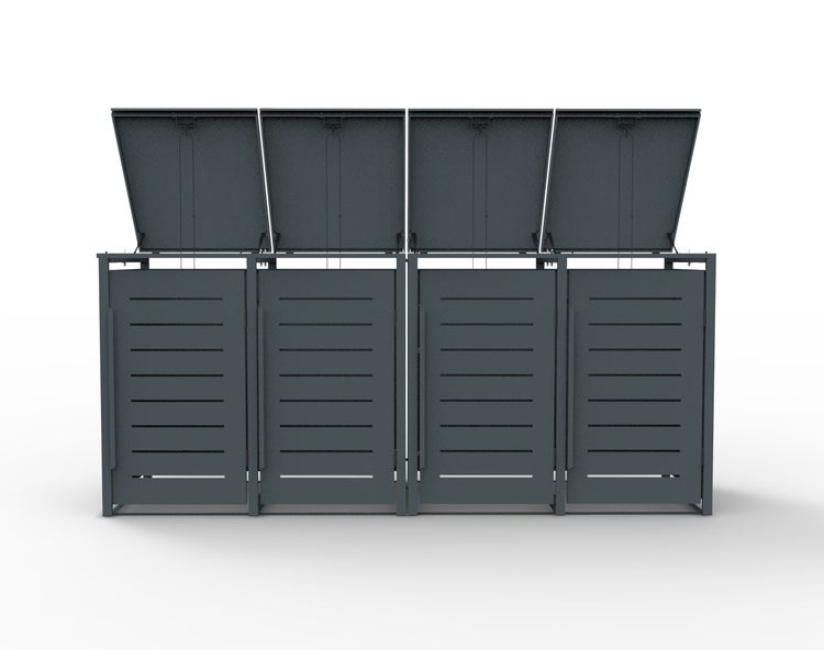 Vier Mülltonnenboxen mit horizontalen Streben und geöffneten Deckeln