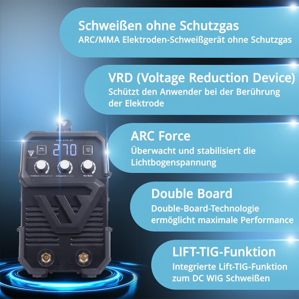 Elektrodenschweißgerät ohne Schutzgas ARC/MMA mit VRD, Arc Force, Double Board und Lift-TIG Funktion.