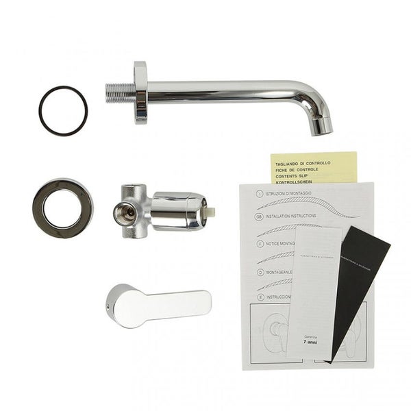 Wandarmatur Set bestehend aus Auslauf, Ventil, Hebel, Dichtungen und Montageanleitung.
