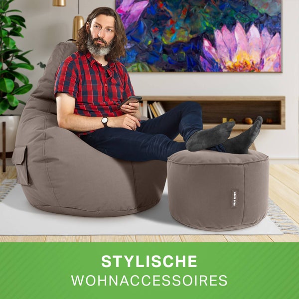 Green Bean 2er Set Sitzsack + Hocker - fertig befüllt - robust waschbar schmutzabweisend - Kinder & Erwachsene Bean Bag Bodenkissen Lounge Sitzhocker Relax-Sessel Gamer Gamingstuhl Pouf - Khaki
