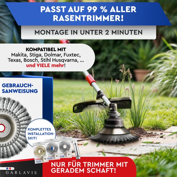 GARLAVIE Profi Unkrautbürste Freischneider mit 25,4mm Bohrung - Hochwertige Wildkrautbürste für Motorsense - Drahtbürste Freischneider für effektive Moosentfernung, Silber