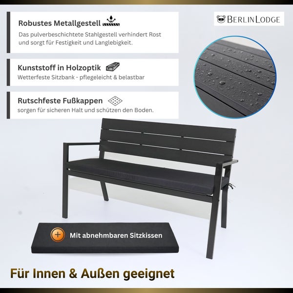 Wetterfeste Gartenbank von Berlin Lodge aus Metall mit Kunststofflatten in Holzoptik und abnehmbarem Sitzkissen. Berlin Lodge Logo.