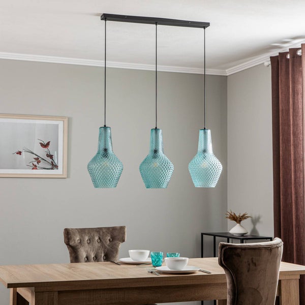 Lindby Pendelleuchte Drakar (Retro, Vintage Antik) in Blau aus Glas (3 flammig E27) - Hängelampe Esstischlampe Hängeleuchte Wohnzimmerleuchte