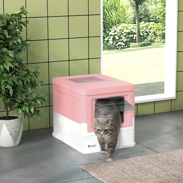PawHut Katzentoilette Katzenklo mit Deckel Katzenhaus mit Bodenschale und Schaufel Desodorierungsbox Kunststoff Weiß+Rosa 47,5 x 35,5 x 36,7 cm