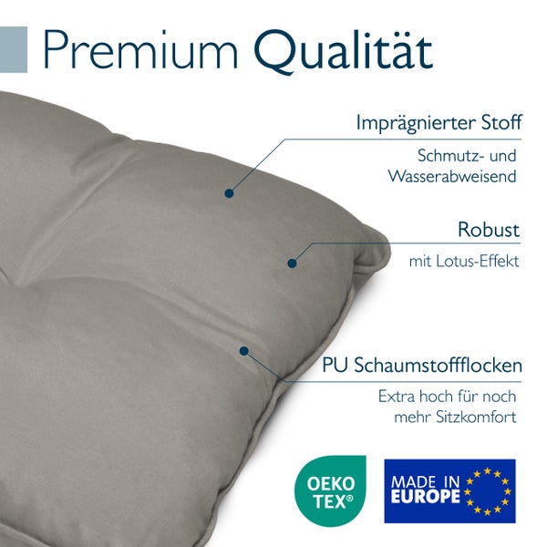 Sitzkissen-Details: imprägnierter Stoff, wasserabweisend, Lotus-Effekt, Polyurethan-Schaumstoffflocken, OEKO-TEX Siegel, hergestellt in Europa.
