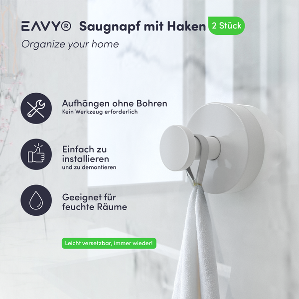 EAVY Handtuchhaken Edelstahl Weiß mit Saugnapf 2er Pack