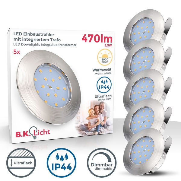 Einbauspot 5er Set 60mm Lochmaß - 230V, 5,5W, 470lm, LED, dimmbar, IP44, warmweiß, matt-nickel
