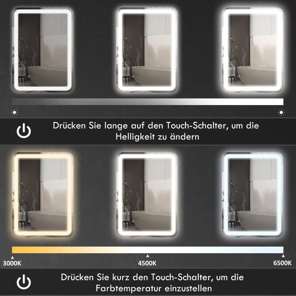 LED-Badezimmerspiegel, Helligkeit durch langes Drücken dimmbar, Farbtemperatur von 3000 bis 6500 Kelvin durch kurzes Drücken einstellbar.