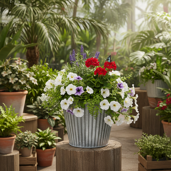 Bunt bepflanzter verzinkter Metalleimer mit Petunien, Geranien und Lavendel in einem hellen Gewächshaus auf einem Holzstamm.