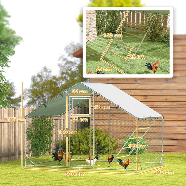 PawHut Hühnerstall Freilaufgehege aus Stahl, 300 x 200 x 195 cm Hühnerkäfig mit UV-beständiger Abdeckung, Futtertür, Hängefütterung, Sitzstange, Hühnergehege für 6-8 Hühner, Kleintiere, Silber