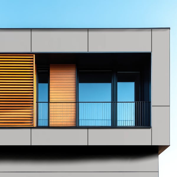 Nahaufnahme der Fassade eines modernen Gebäudes mit Fenster und Balkon.