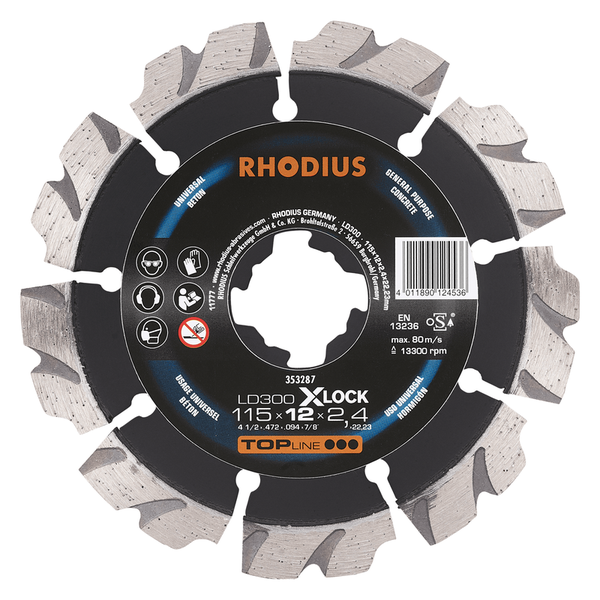 RHODIUS Diamanttrennscheibe LD300 X-LOCK, 1 Stück, 115 x 12 x 2,4 x 22,23 mm für Beton, TOPline