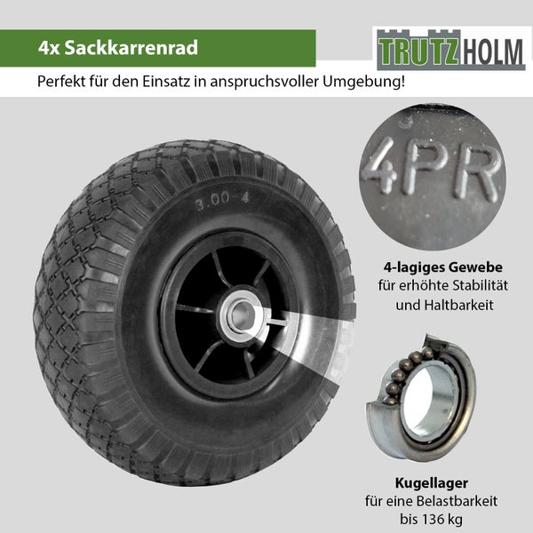 Set von vier Sackkarrenrädern mit vierlagigem Gewebe und Kugellager für eine Belastbarkeit bis 136 Kilogramm von Trutzholm